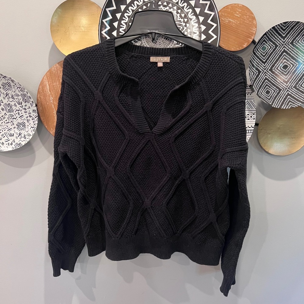 Lilla P Womens Black Diamond Textured Knit Split Neck Sweater Size S PA1929